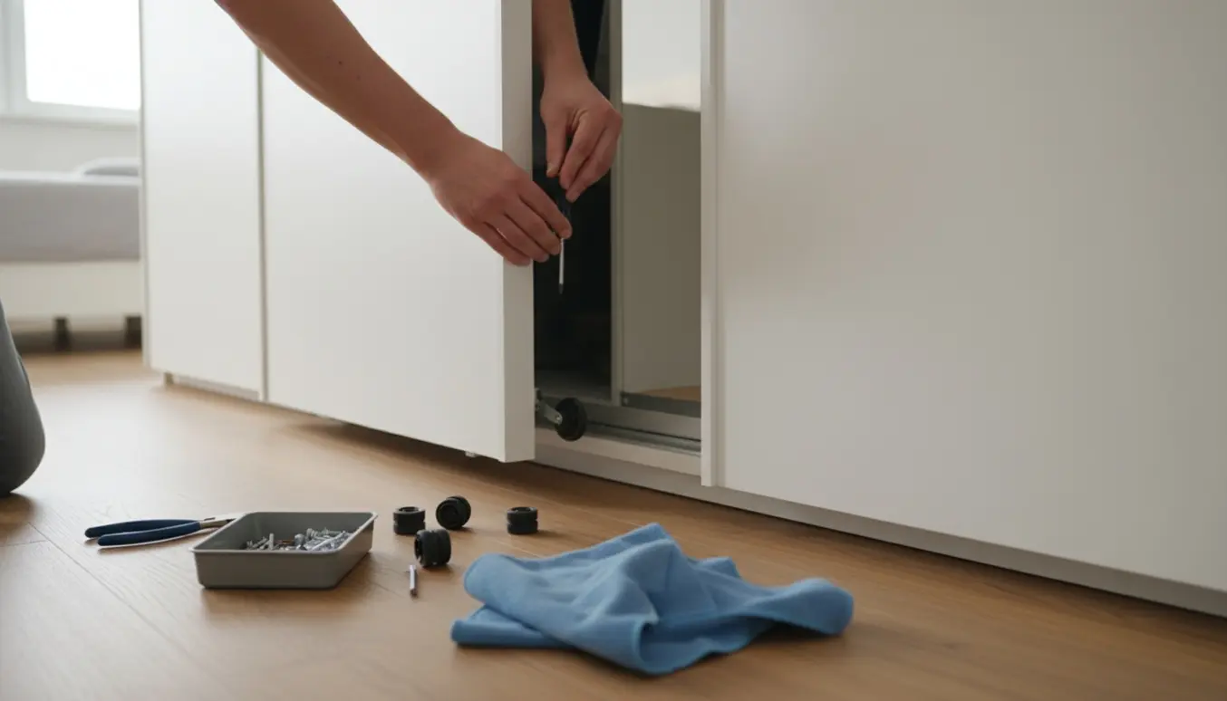 Hænder justerer en skydedør tilbage i skinnen på et PAX-lignende skab i et lyst soveværelse.