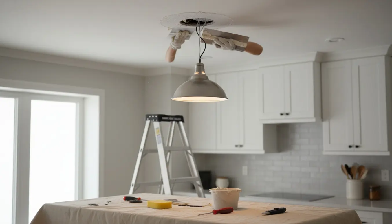 Nærbillede af reparation af hul i køkkeloft omkring en ny lampe med spartel og armeringsnet.