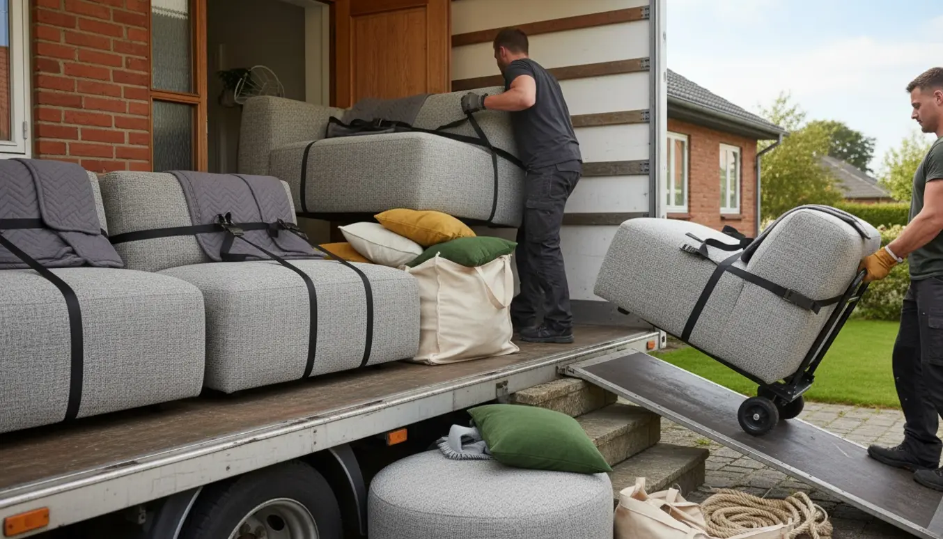 Fire sofa-moduler og en puf bæres fra en flyttebil ind i et hus, med puder og flyttetæpper ved siden af.