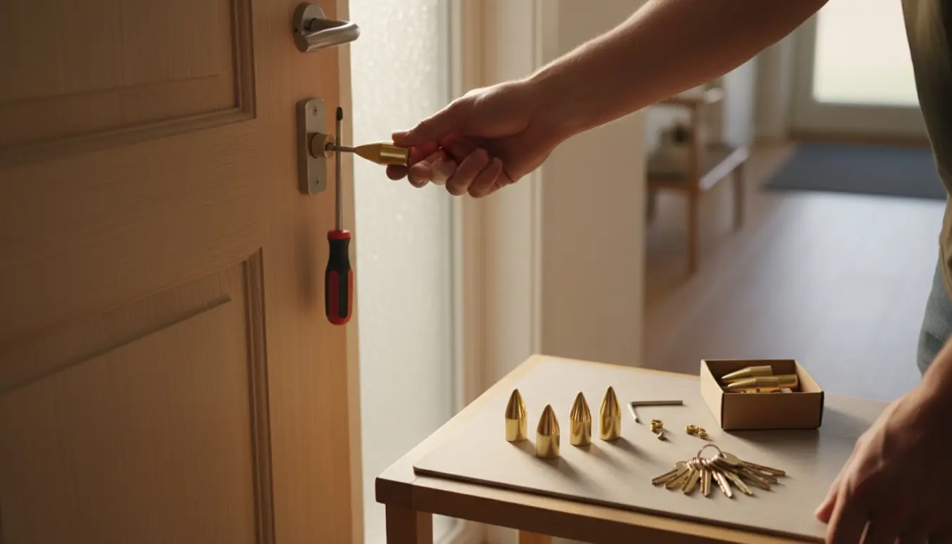 Udsnit af udskiftning af dråbeformede låsecylindre ved en trædør med værktøj og otte nøgler.