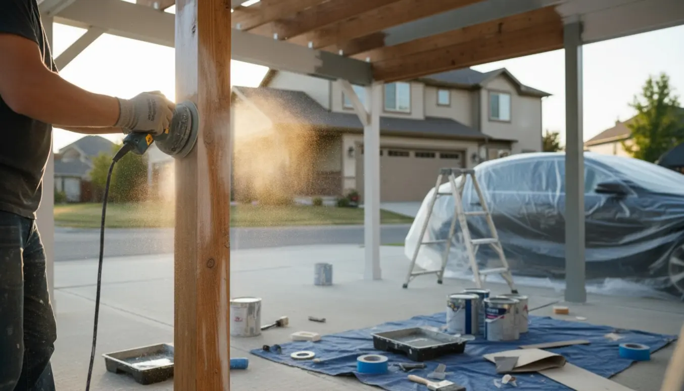 Slibning og maling af en træcarport med malerbøtte, rulle og værktøj i sollys.