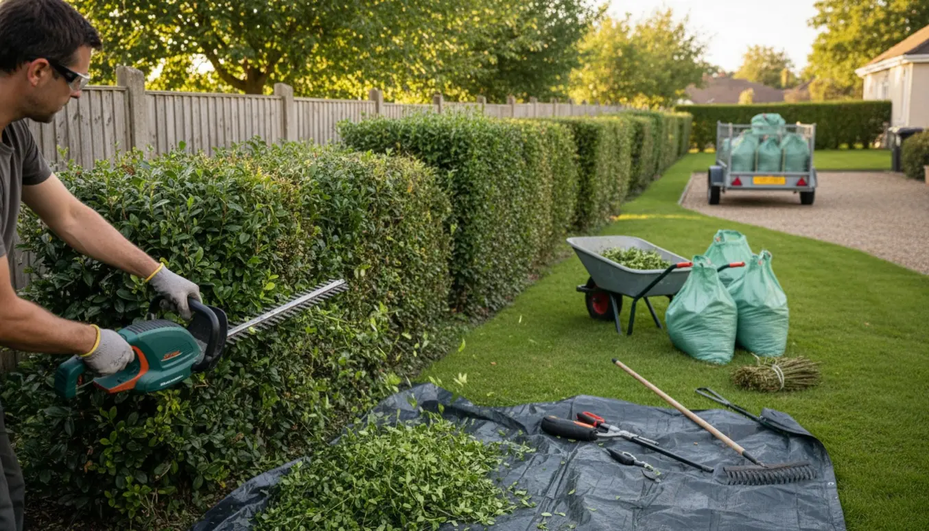 Håndværker trimmer en lang, overgroet hæk og samler afklip i sække og en trillebør.
