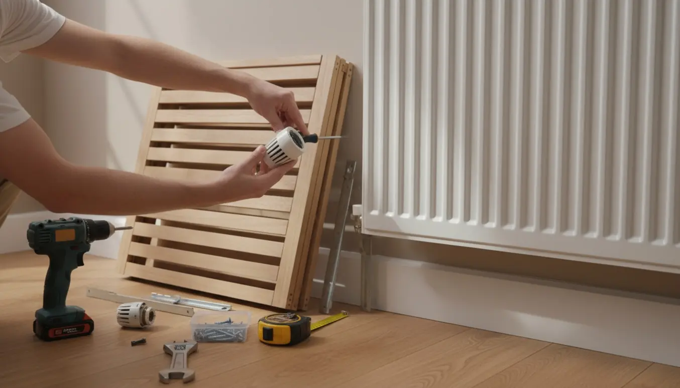 Hænder justerer en lavprofil termostat på en radiator med værktøj og en radiatorskjuler i baggrunden.