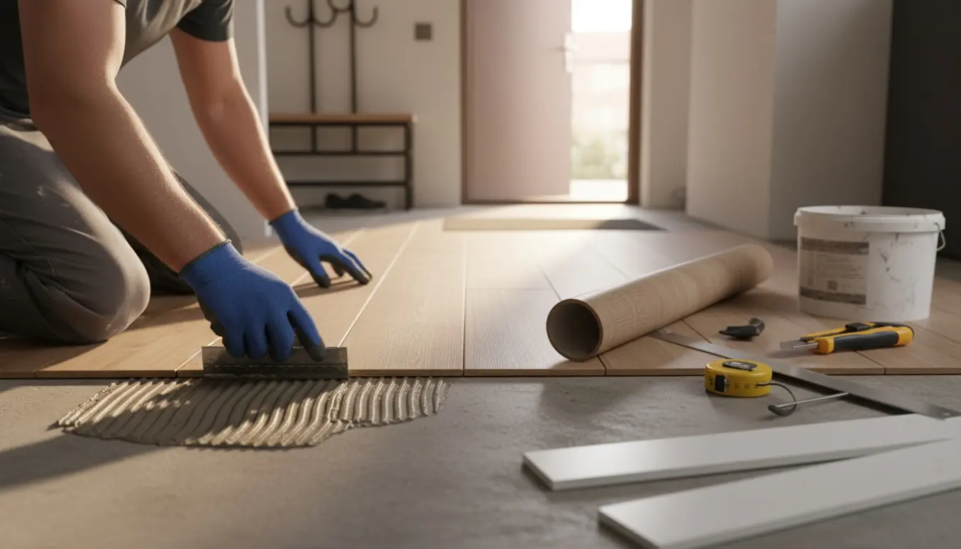 Nærbillede af hænder, der lægger vinylgulv i en lille entré med værktøj og lim.