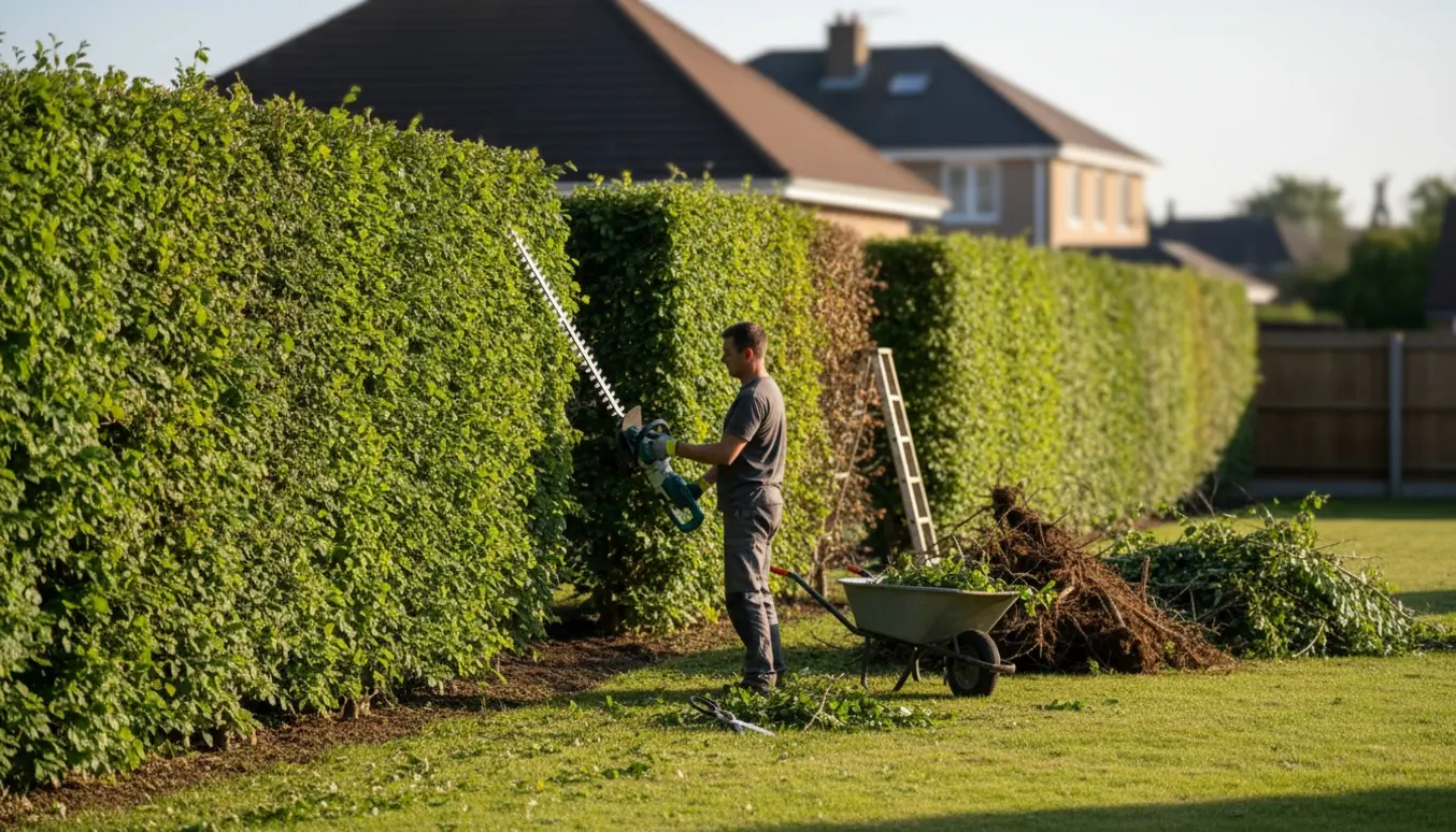 En professionel klipper en lang, tre meter høj bøgehæk med en nylig fjernet sektion og bunker af afklip.