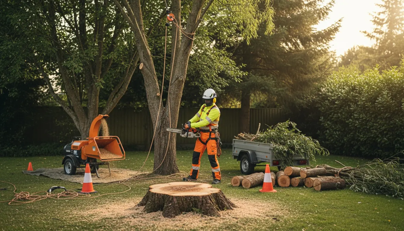 Arborist i sikkerhedsudstyr fælder og fjerner en troldepil i en baghave med afsavede stammer og grene klar til bortkørsel.