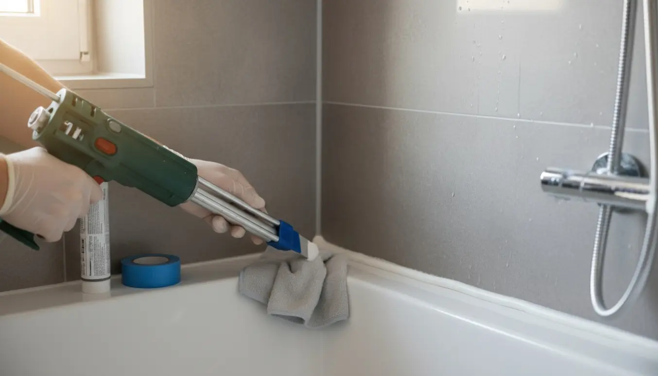 Nærbillede af hænder, der fuge brusehjørne med silikone og el-fugepistol.