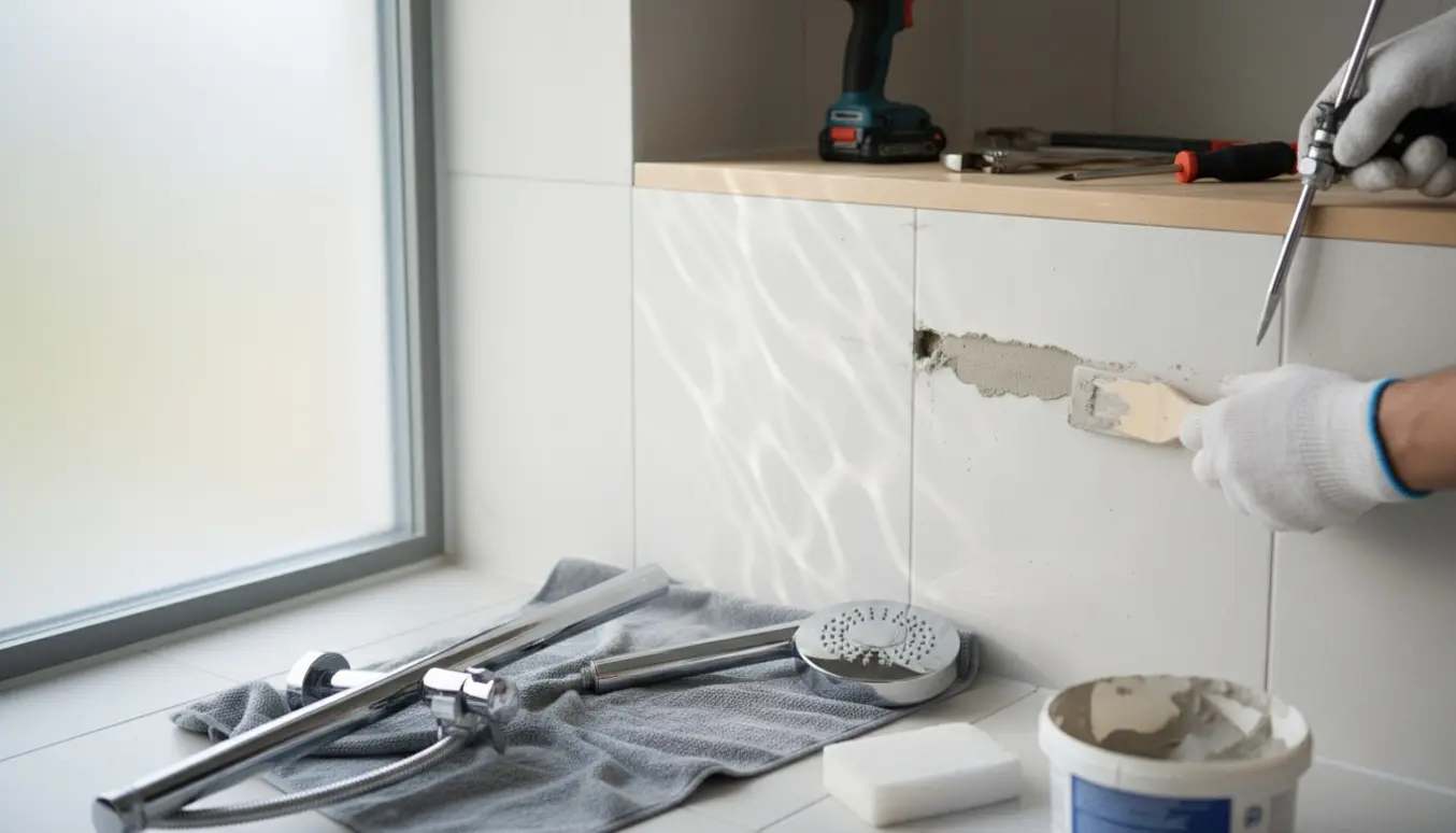 Hænder fylder og glatter fuge i flise efter nedtagning af gammelt brusesæt, med nyt krom brusesæt klar ved siden af.