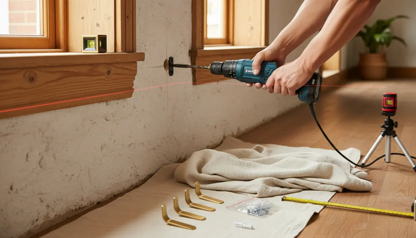 Opsætning af gardinstang og montering af seks knager på mur ved et trævindue med laservaterpas.