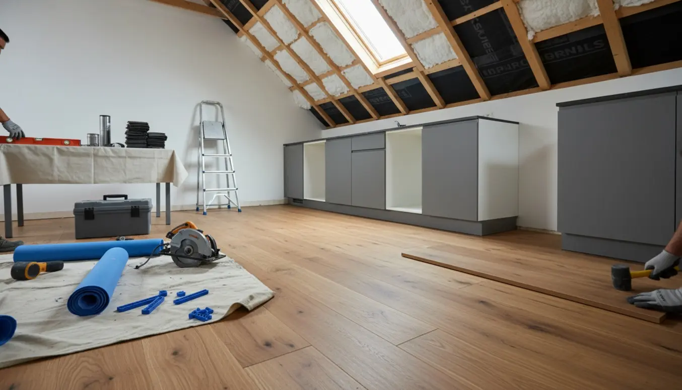 Køkken under renovering med nyt trægulv, synligt isoleringslag i loftet og byggematerialer.