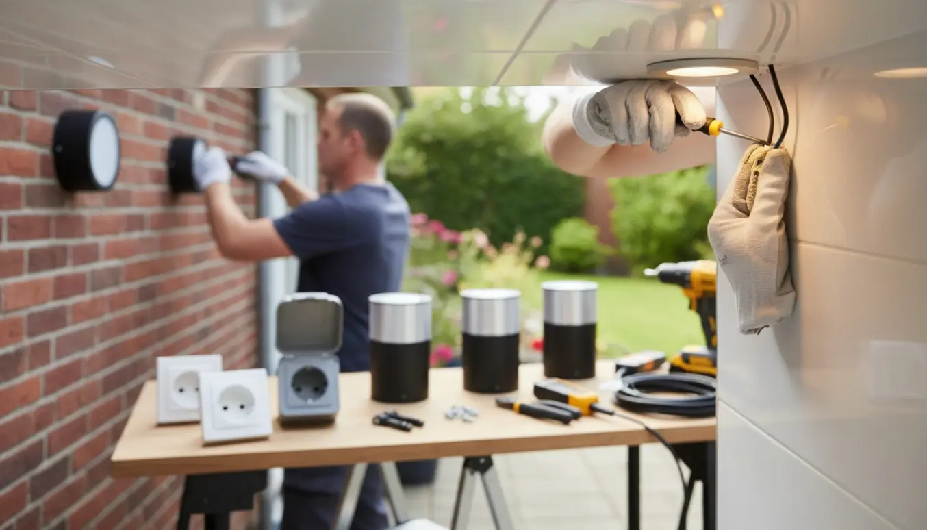 Elektriker installerer spots og monterer stikkontakter og udendørs lamper med værktøj på et bord.