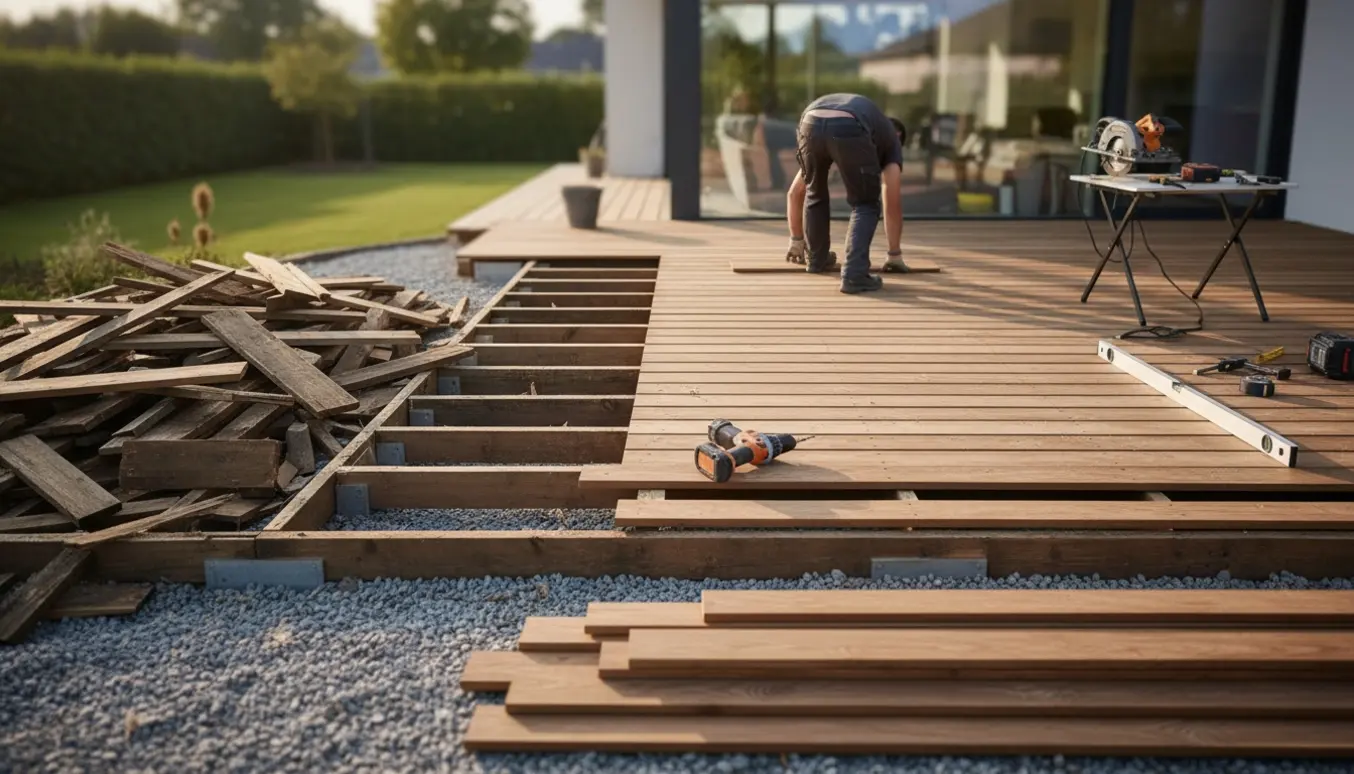 Delvist nedrevet træterrasse hvor nye terrassebrædder lægges med værktøj og materialer ved huset.