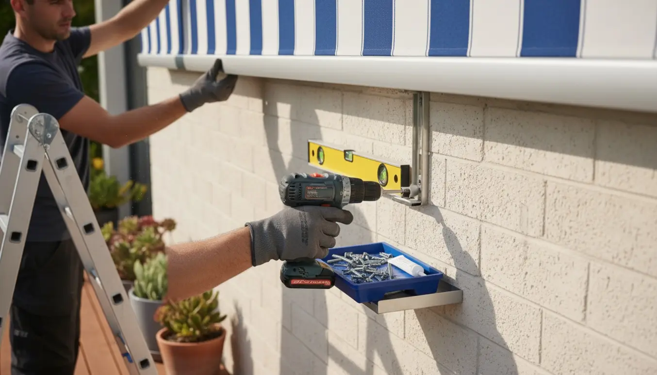 Nærbillede af montering af markise på husmur med værktøj og beskårne arbejdshænder i fokus.