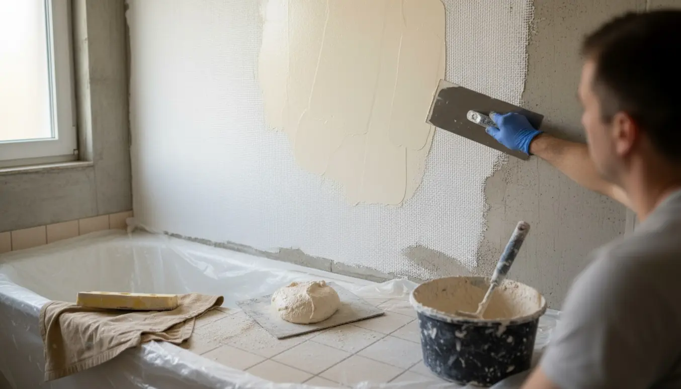 Nærbillede af en hånd, der glatter puds på et badeværelsesvæg med glasvæv og Lena-beton.