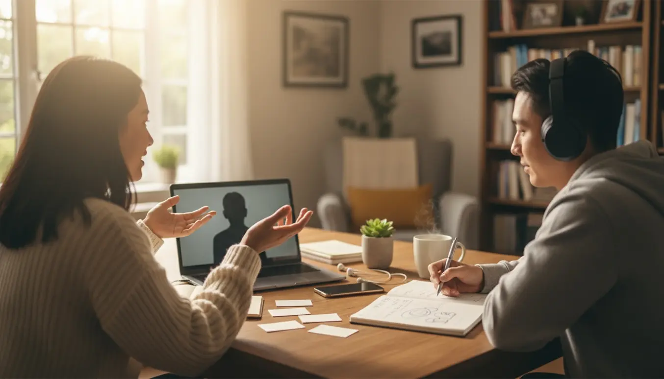 To personer i en hyggelig øvesession med laptop, notesbog og hovedtelefoner, hvor den ene øver engelsk.