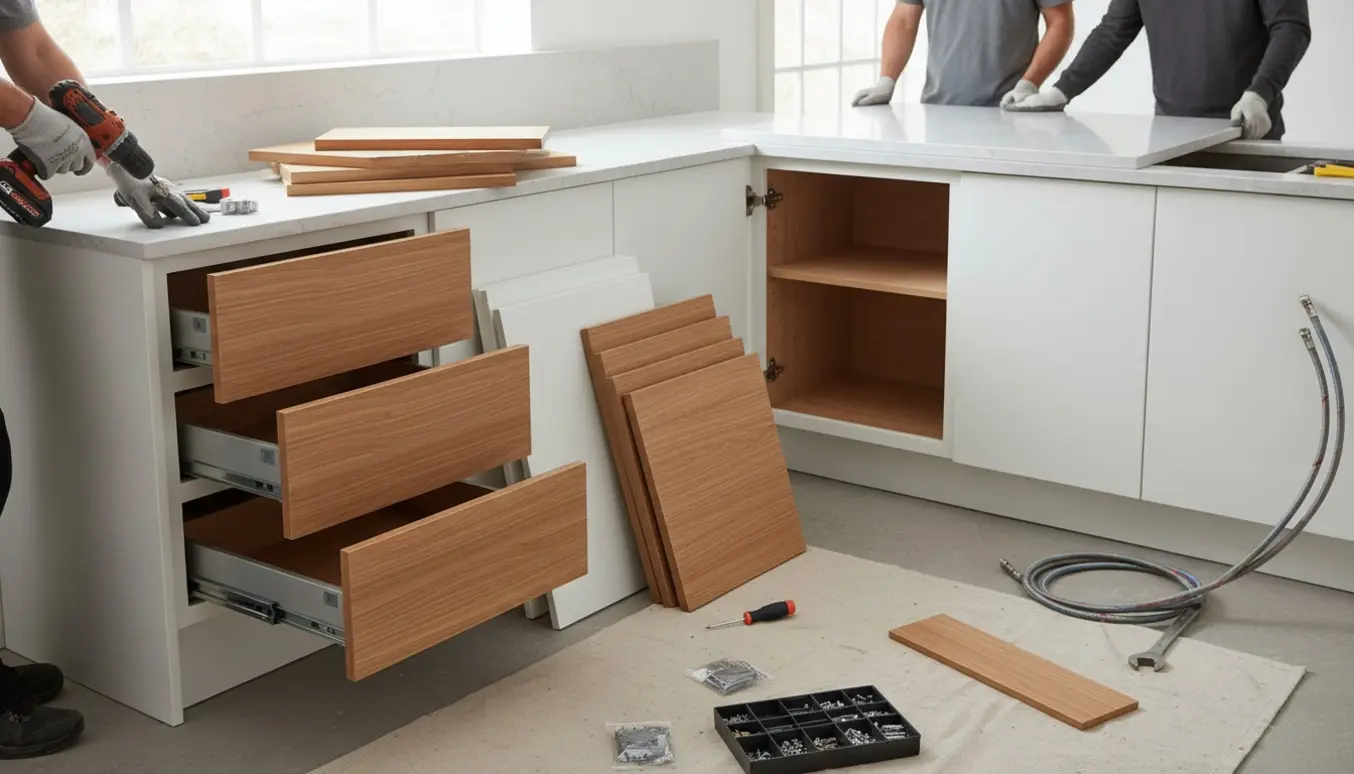 Køkken under renovering med håndværker, der monterer nye skuffer og placerer en ny bordplade ved vasken.