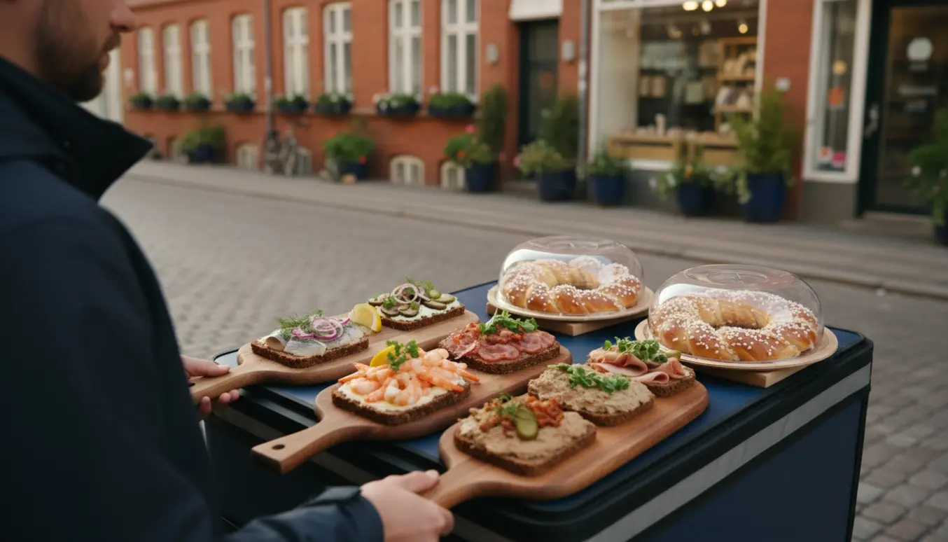 Fire smørrebrødsfade og to kringlemænd pakkes i en isoleret cykelkasse udenfor en fødevarebutik på Østerbro.