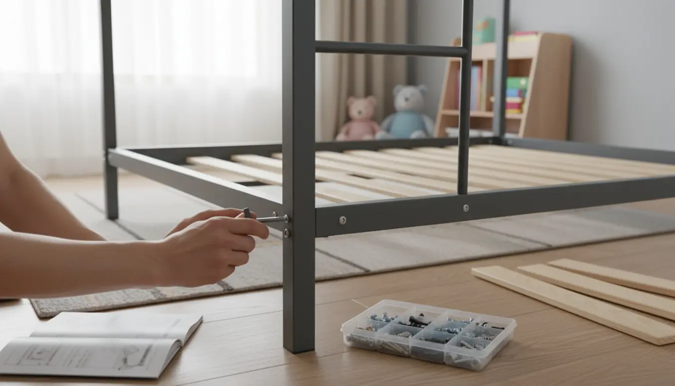 Nærbillede af hænder, der samler en mørkegrå børnehøjseng med værktøj i et lyst børneværelse.