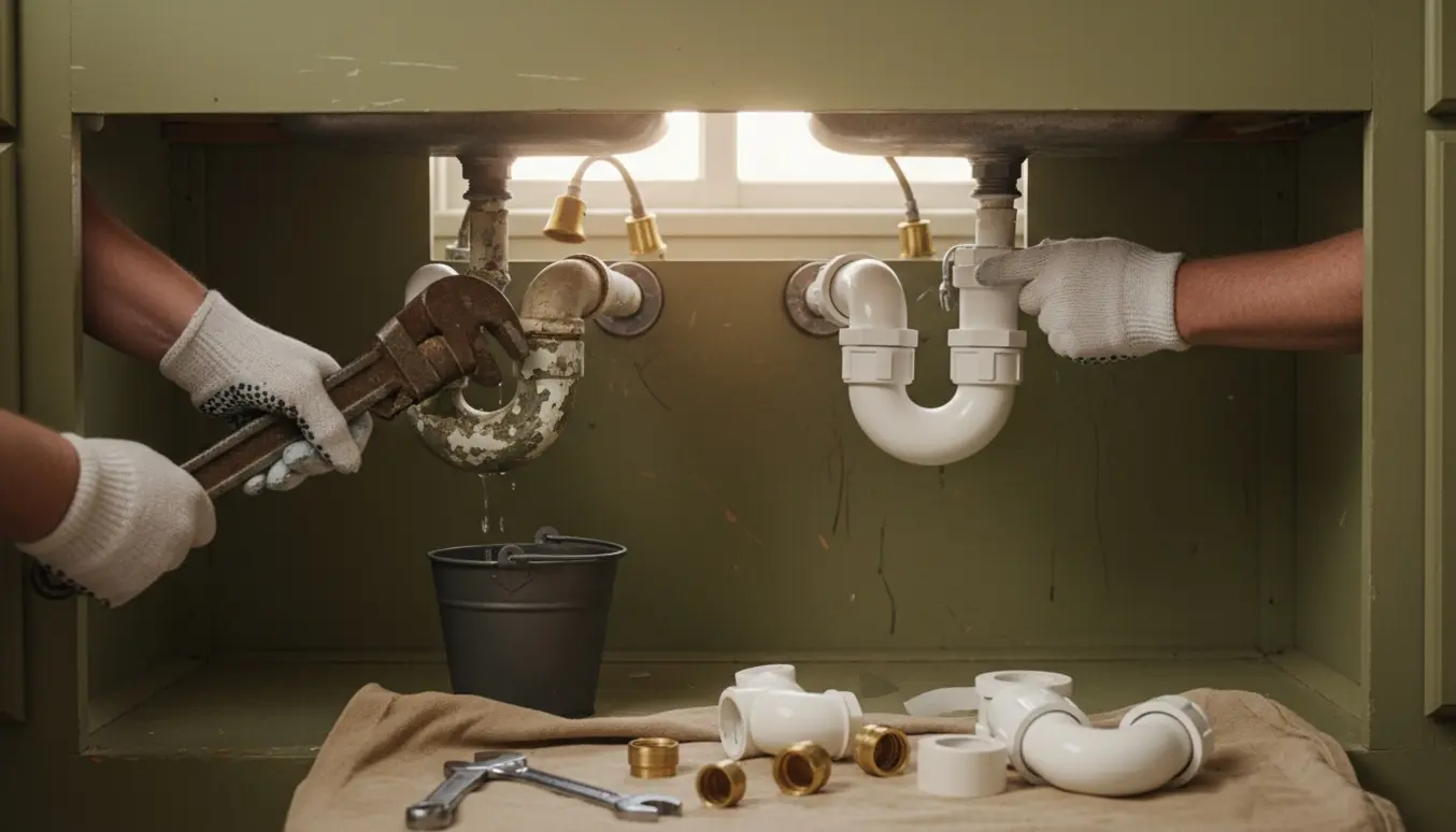 Under en køkkenvask i et ældre hus løsnes en rusten vandlås, mens en ny plastvandlås og afblændede tilslutninger til et blandingsbatteri ligger klar.