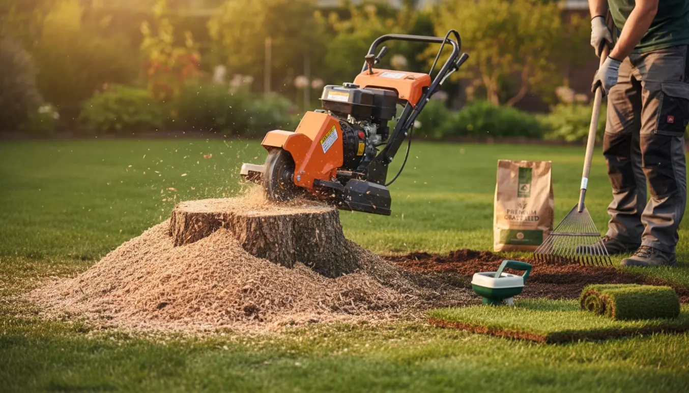 En baghave med en fræser, der sænker en træstub under jordniveau, omgivet af flis og jævn jord klar til at så græs.