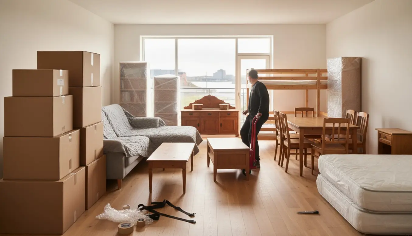 Flytning i en Aalborg-lejlighed med dækkede møbler og stabler af flyttekasser.