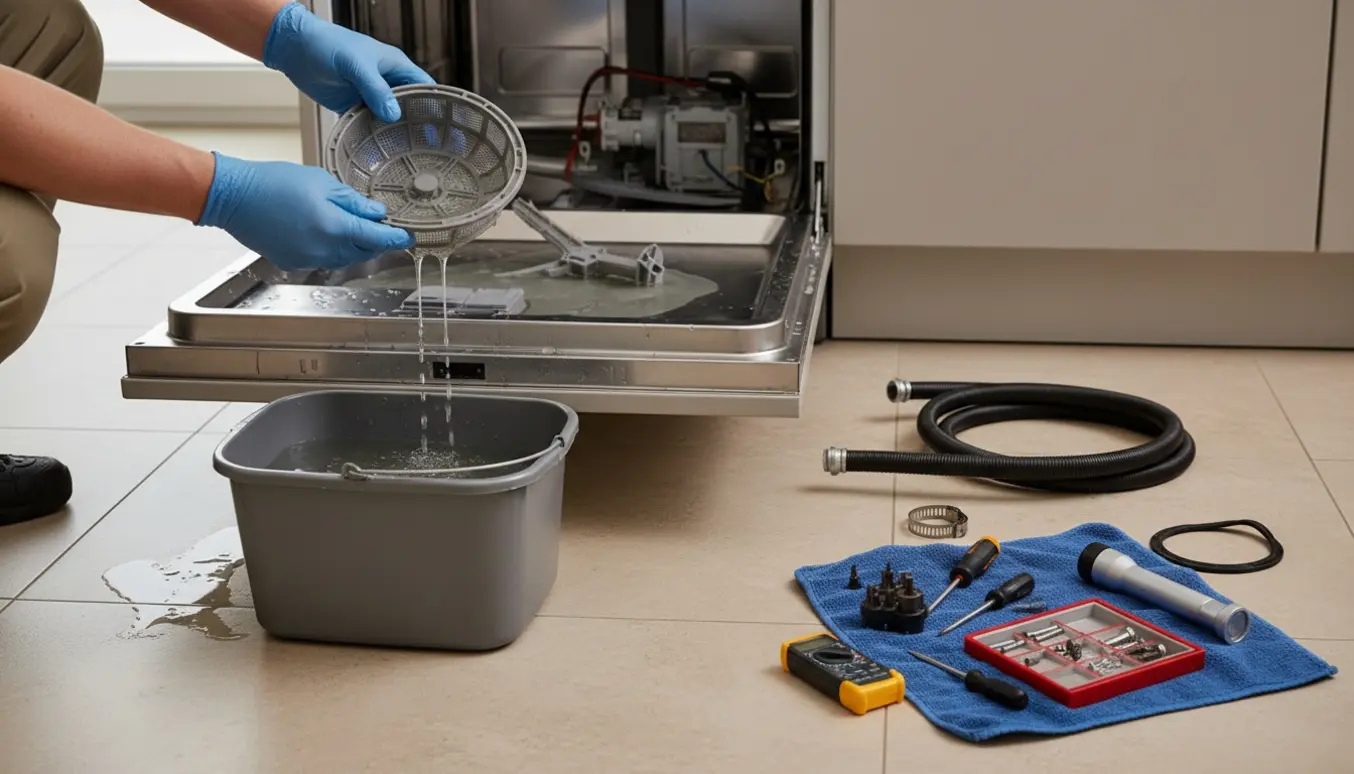 Tekniker i handsker holder et aftaget opvaskemaskinefilter over en spand, med fjernet bundpanel, drænslange og værktøj ved siden af.