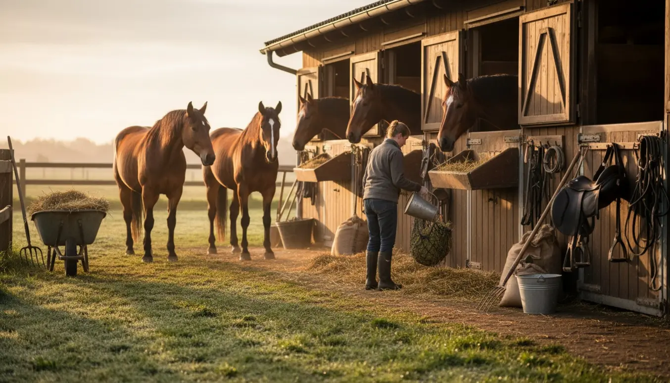 Morgen i en lille stald med fem heste, foder og udlukning.