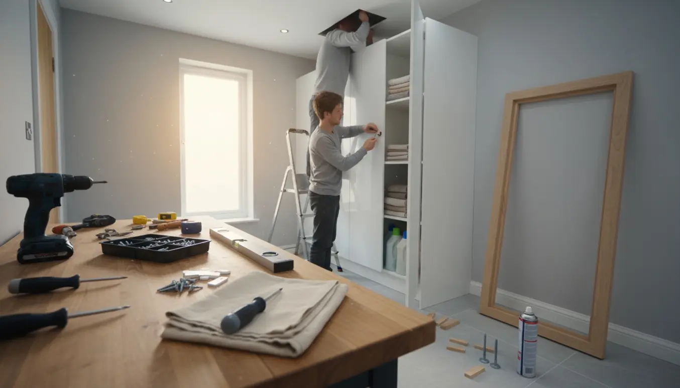 Værktøj og hænder ved efterspænding af låger og opsætning af en ny dørkarm i et bryggers under renovering.