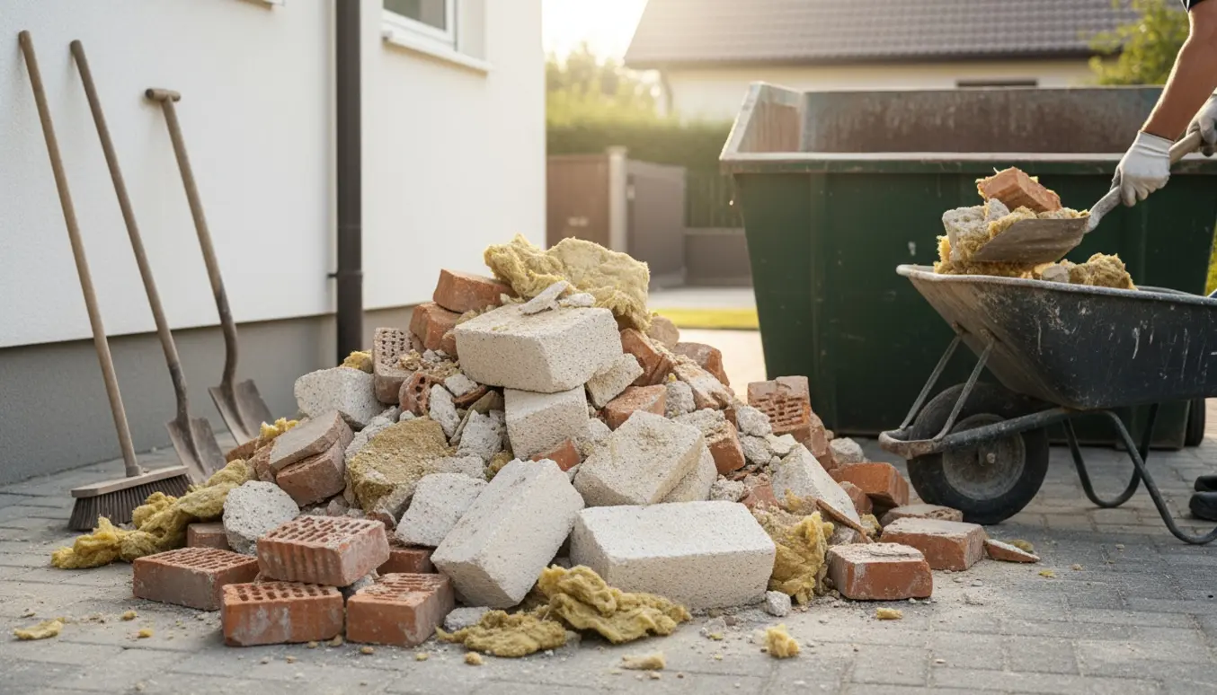 Indkørsel med bunke byggeaffald af mursten, gasbeton, puds og isolering klar til bortskaffelse.