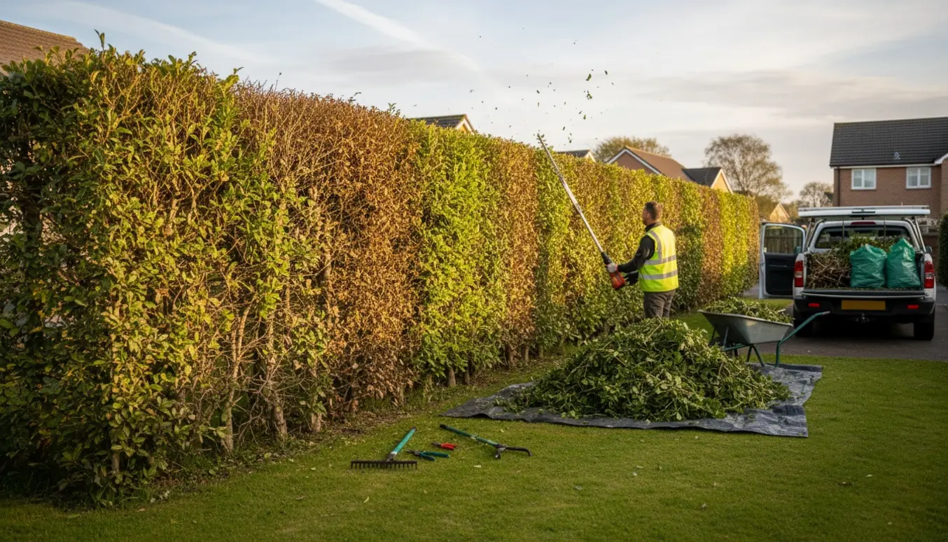 En hæk på ca. 20 m bliver klippet ned, afklip samlet i en bunke og læsset i en varevogn.