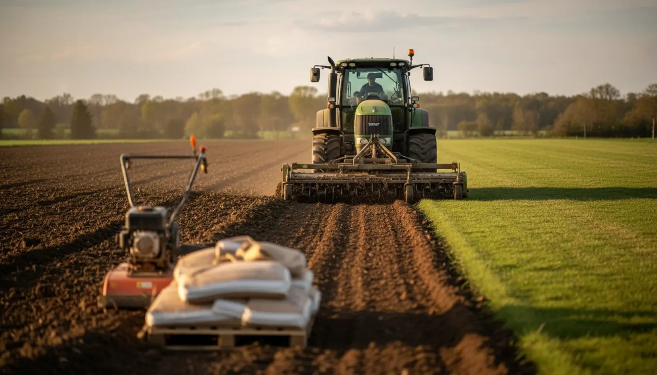 En stor traktor fræser en bred græsplæne og efterlader mørk, frisk vendt jord.