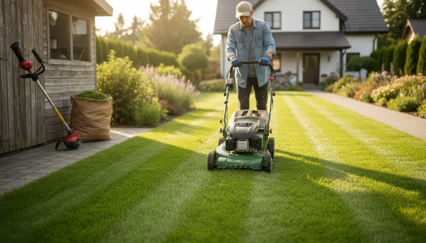 En havearbejder ses bagfra mens en plæneklipper slår en grøn forhave med tydelige striber i varmt sollys.