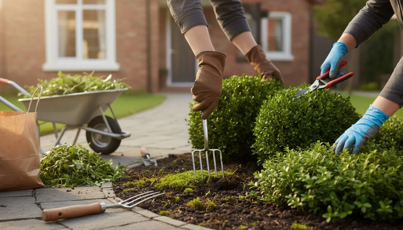 Handskerede hænder luger ukrudt og beskærer to buskbom i en lille forhave med haveredskaber og en bunke grønt affald.