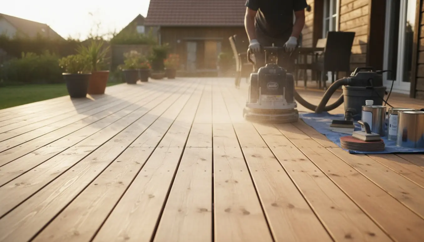 Douglas-fyr terrasse under slibning med tydelig kontrast mellem nyslebet varmt træ og vejrbidt gråt træ.