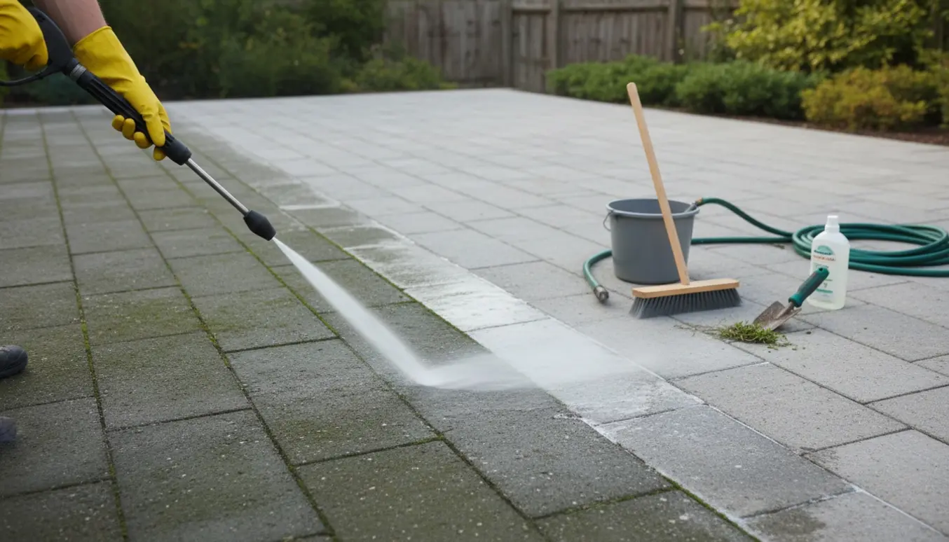 Nærbillede af rensning af alger og fjernelse af ukrudt mellem fliser med højtryksrenser og håndredskaber.