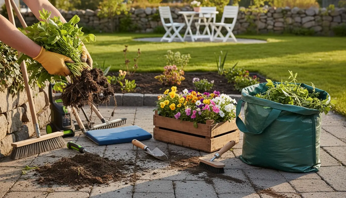 Nærbillede af havearbejde med handsker, fjernet skvalderkål mellem fliser, en sæk med ukrudt og plantebakker klar til plantning.