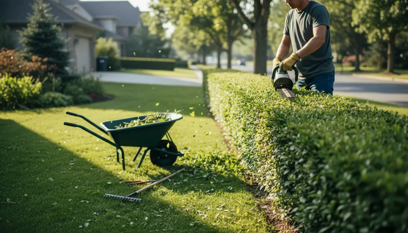 Gartner trimmer en grøn hæk mellem have og vej med en elektrisk hækkeklipper og friske klip på græsset.