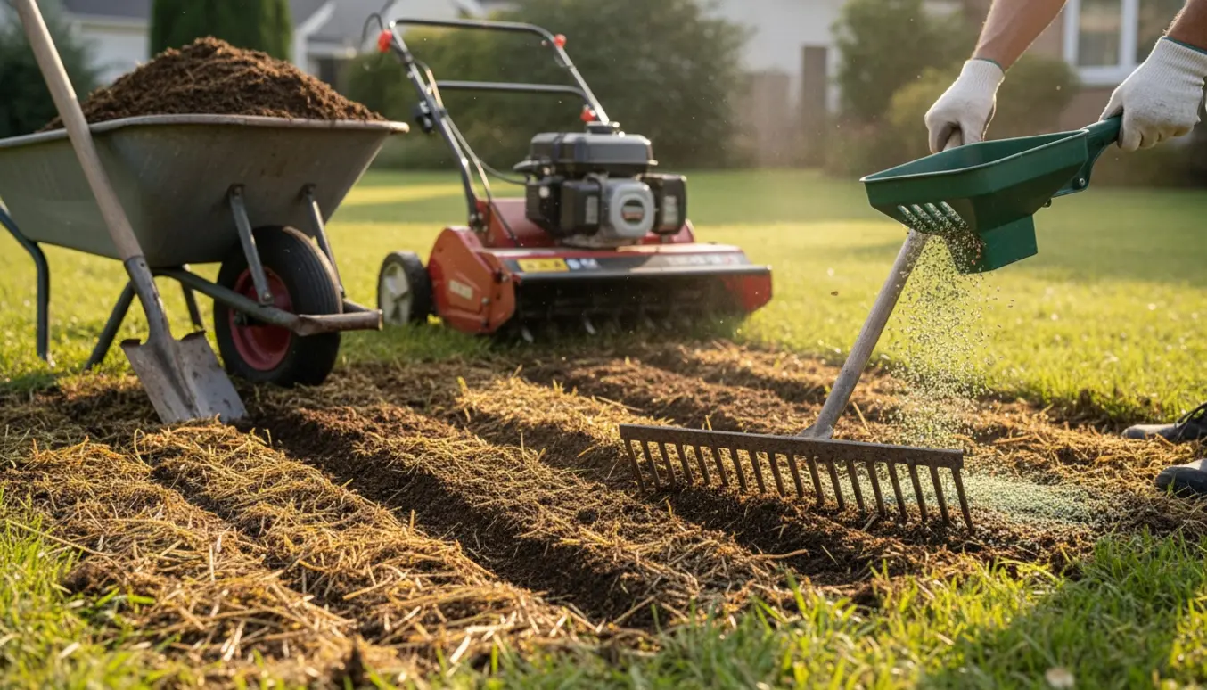 Plæne under vertikalskæring, topdressing og eftersåning med rive, trillebør og maskine.