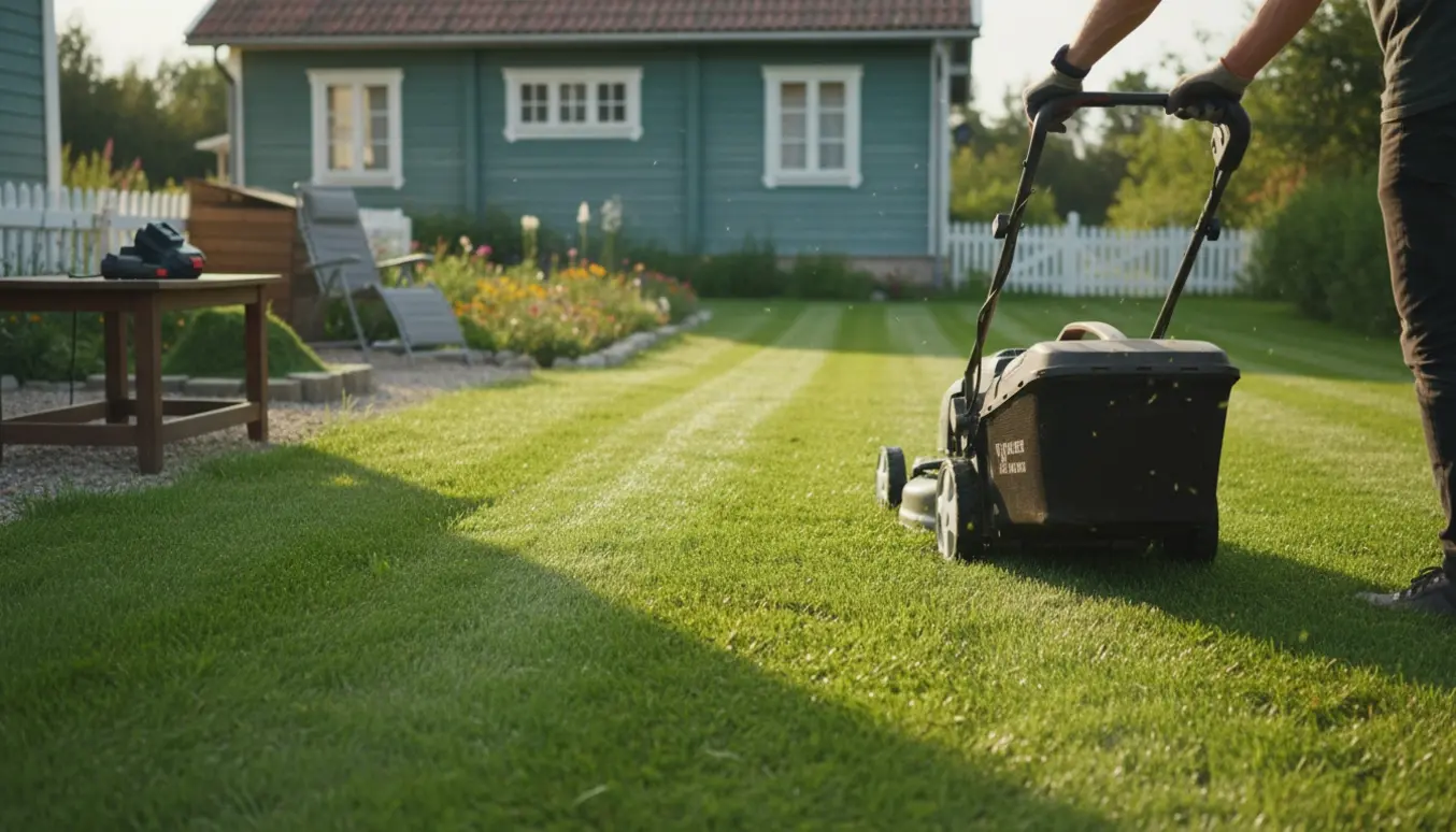 En person slår græs med en moderne batteriplæneklipper foran et sommerhus, med nyslåede striber og blomsterbede.