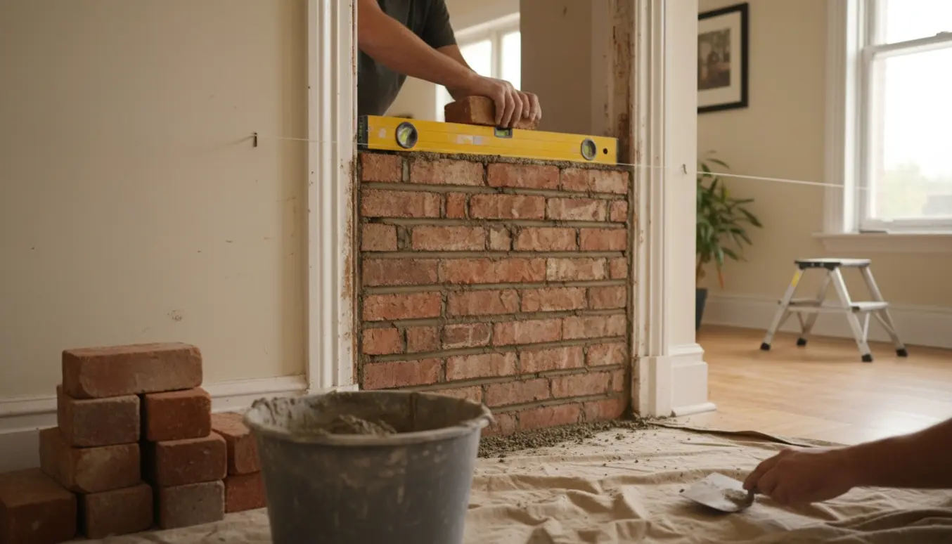 Delvist muret dørhul i bolig med hånd, der ligger nye mursten og pudser mørtel.