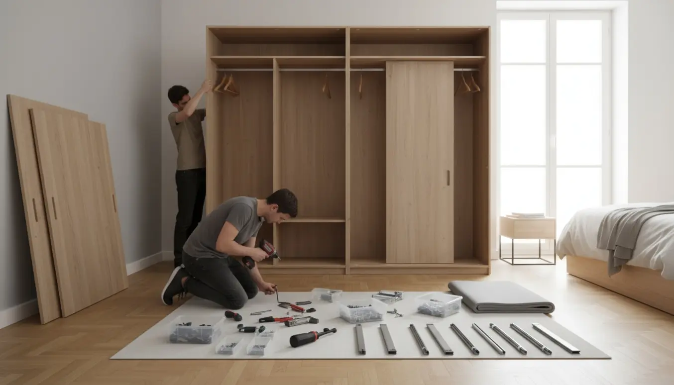 Lyst rum med et højt skab delt i fire sektioner, skydedøre afmonteret og hænder, der arbejder med værktøj ved skabet.