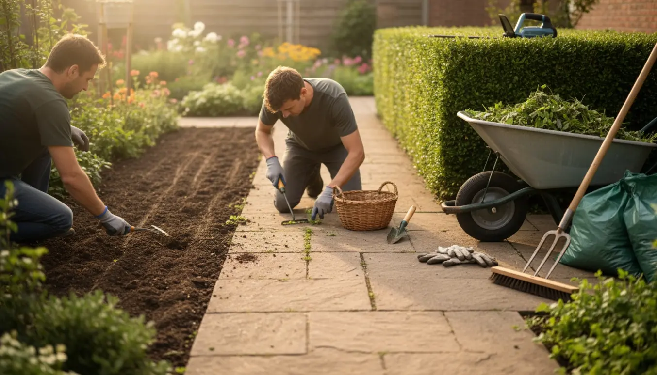 Småhave med flisebelægning, to bede, nytrimmet hæk, ukrudt fjernes mellem fliser og trillebør med grønt affald.