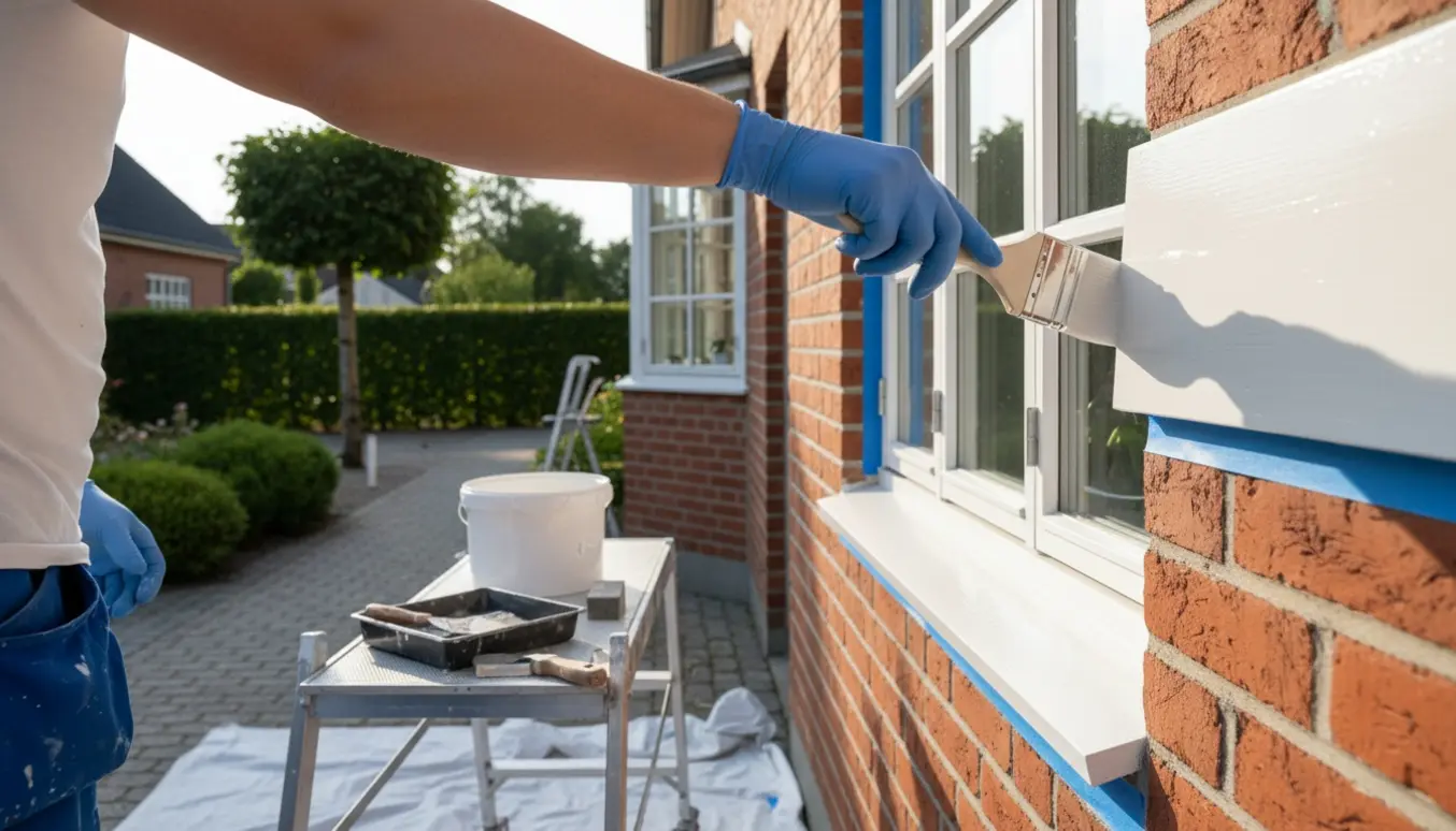 Nærbillede af træværk på et rødt murstenshus, hvor frisk hvid maling påføres med pensel ved hjælp af stige og afdækning.