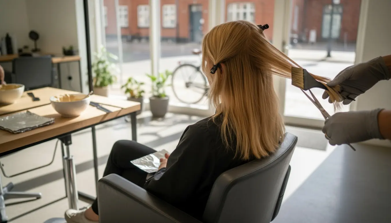 Person får klippet og farvet blondt hår i en lys, skandinavisk salon set bagfra.