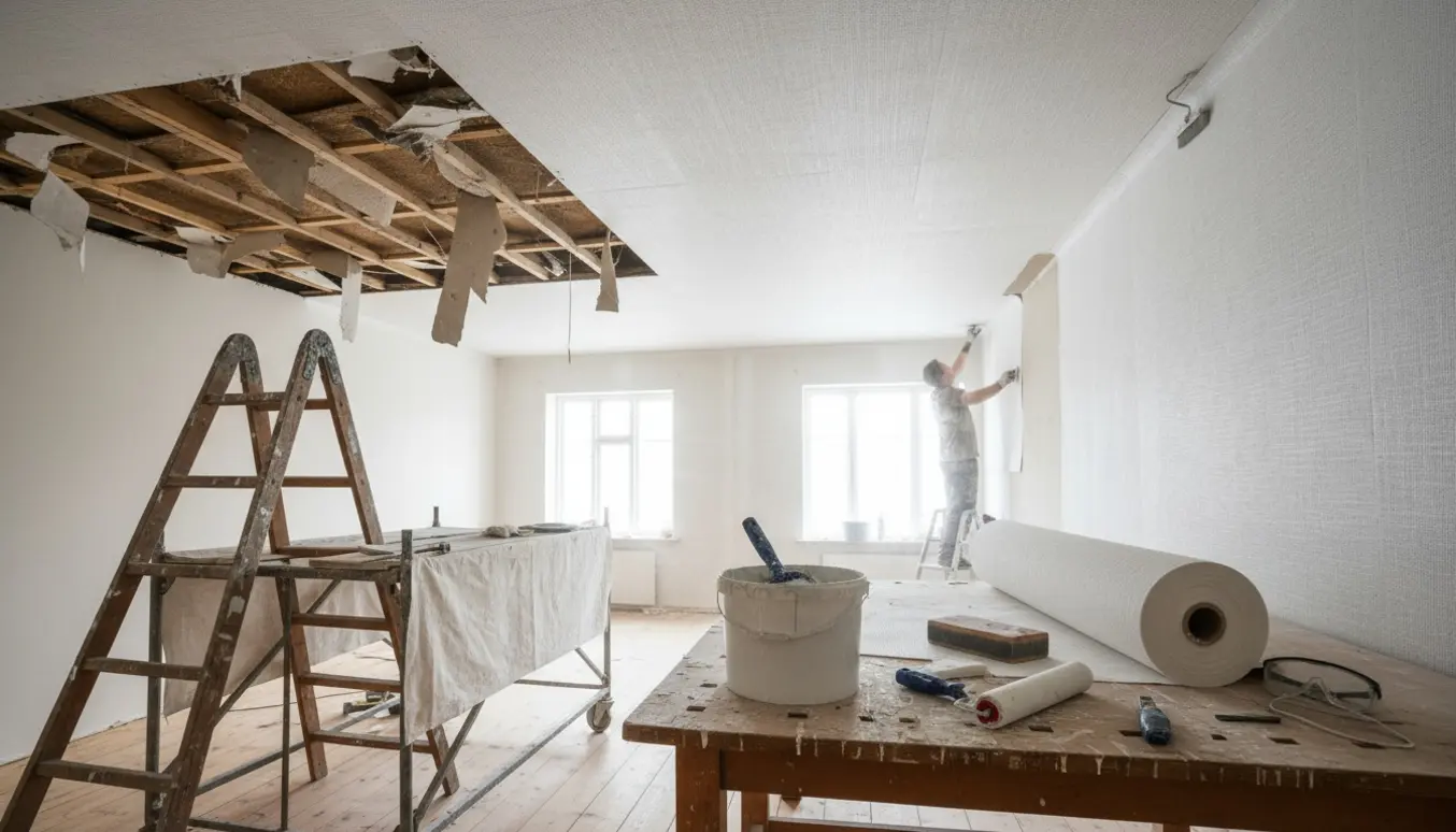 Renovering af to tilstødende rum med delvist fjernet gipsloft og ny opsat væv, værktøj og stige synligt.