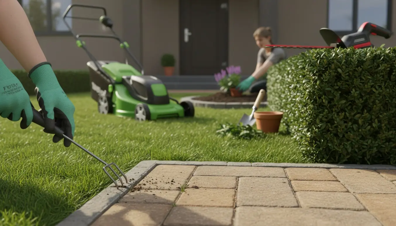 Forhave med græsslåning, klippet hæk, fjernelse af ukrudt mellem fliser og et lille bed, der bliver ordnet.
