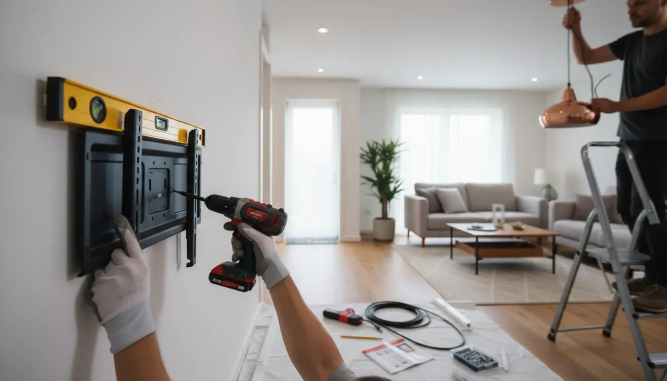 Nærbillede af hænder, der monterer et tv-beslag på en stuevæg, mens en person på en stige hænger en loftslampe.