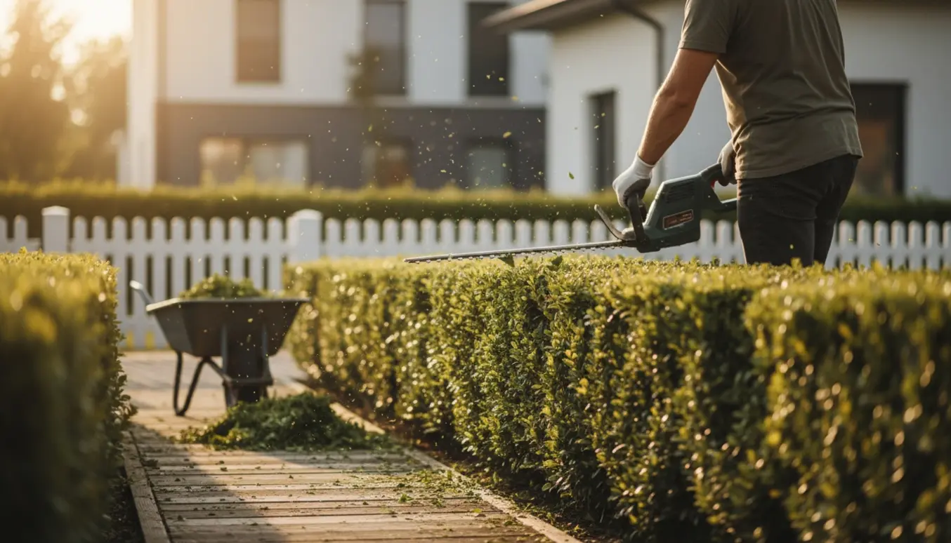 En person beskærer en hæk langs en grund med en elektrisk hækkeklipper, mens friske afklip samles i en trillebør.