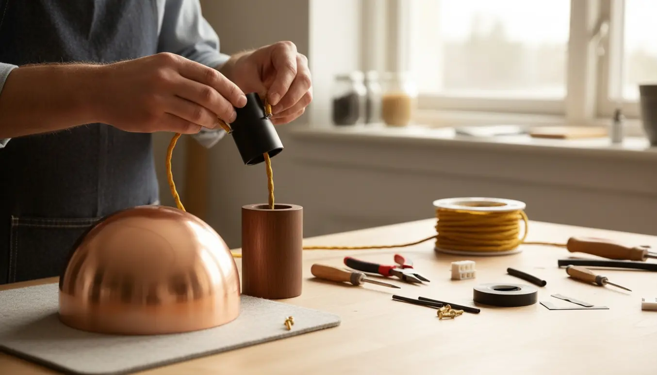 Nærbillede af hænder, der monterer en ny 1 m stofledning og fatning på en Fritz Hansen Orient P2 kobberpendel på et ryddet værksted.