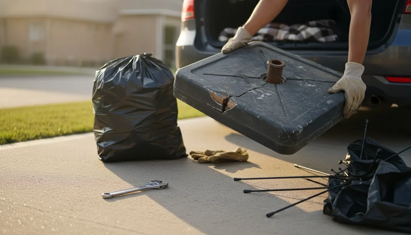 Defekt firkantet parasolfod på indkørsel ved siden af åben affaldspose og bilbagagerum, klar til bortskaffelse.